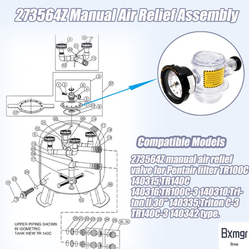 Bxmgr 273564Z Manual Air Relief Valve  273564Z Compatible With Pentair For Triton II  Triton C  TR100C And TR140C Pool Spa Sand Filters Replacement For The Pool And Spa Filter Air Relief Valve Assembly. - Image 2